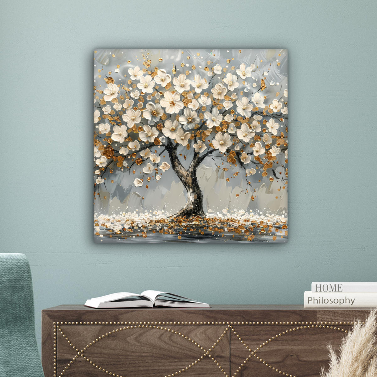 LEINWANDBILD Baum - Blumen - Weiß - Natur - Kunst 50x50 cm - Weiß, Textil (50/50cm) - MuchoWow