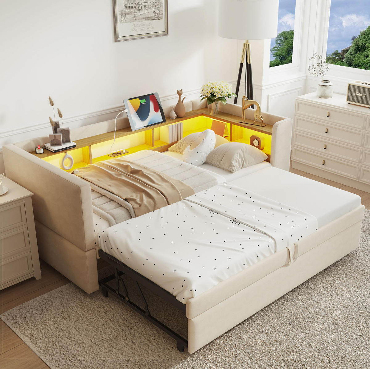 POLSTERBETT 90/180×190 cm Beige mit LED-Beleuchtung und Ablagefächern - Beige, Textil (90/190cm) - Flora Grace