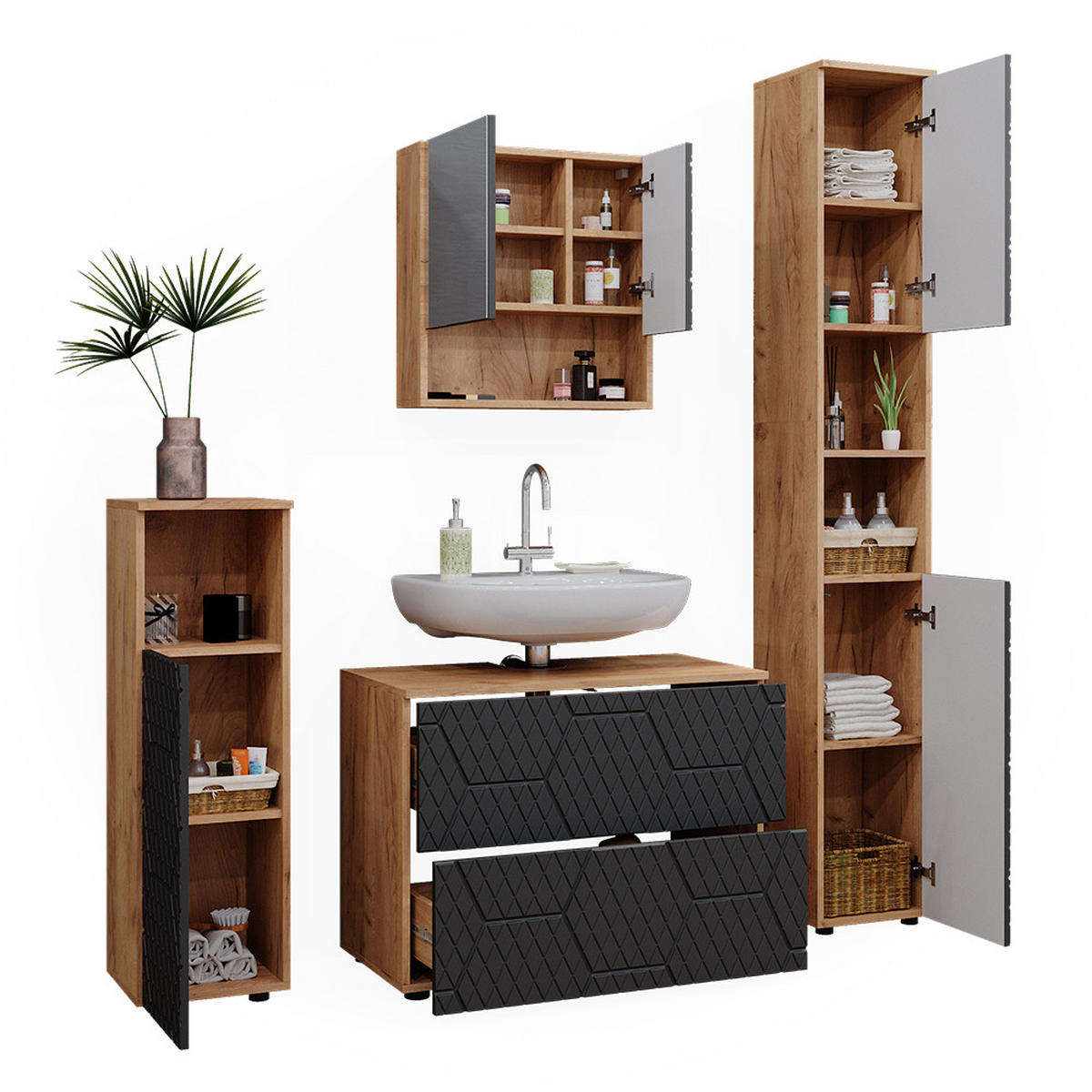 BADMÖBEL-SET Irma Anthrazit gestreift 4 Teile - Honigeiche/Anthrazit, Holzwerkstoff (80/58/41cm) - Vicco