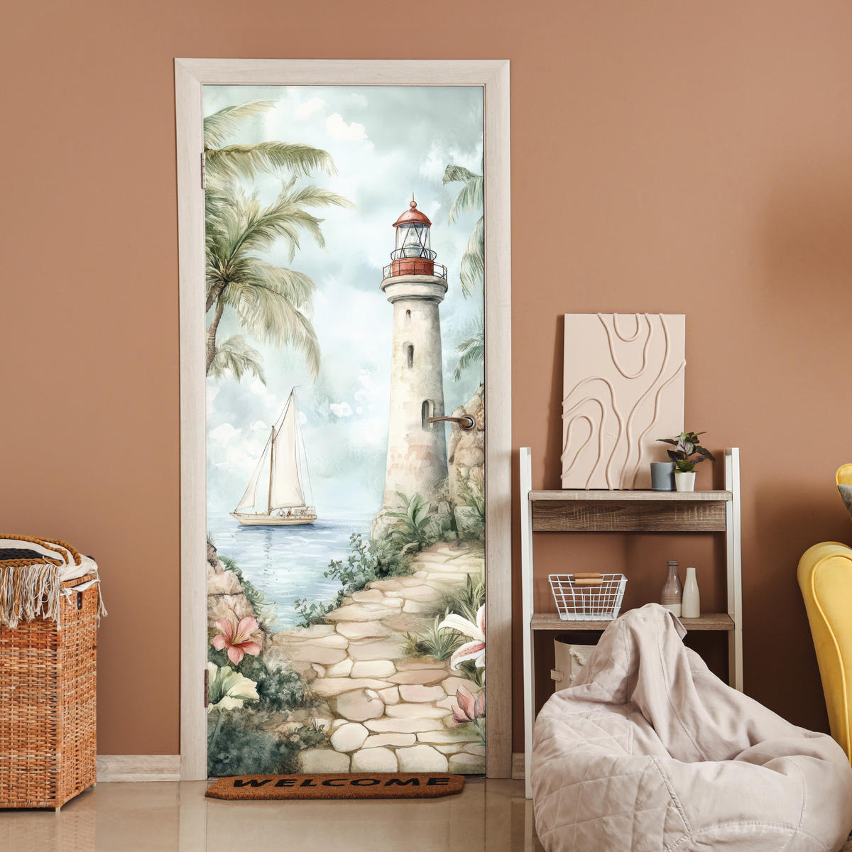 FOTOTAPETE Tür - Leuchtturm - Natur - Landschaft - Boot 75x205 cm - Eichefarben, Kunststoff (75/0.1cm) - MuchoWow