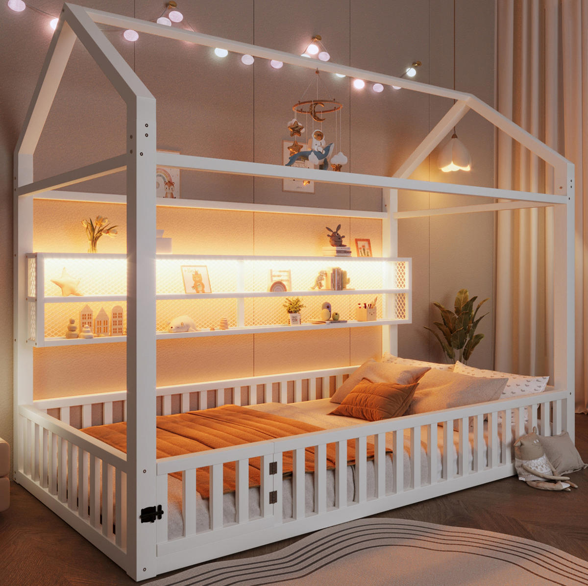 KINDERBETT 90/200 cm mit Sicherheitszaun und LED-Beleuchtung im Hausdesign, Weiß - Weiß, Metall (90/200cm) - Redom