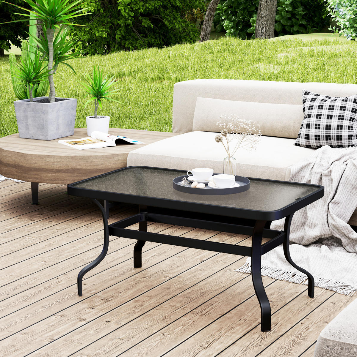 COUCHTISCH 95/55/46 cm mit Hartglasplatte und Metallgestell im Wellendesign, Schwarz - Naturfarben, Metall (95/55/46cm) - Redom