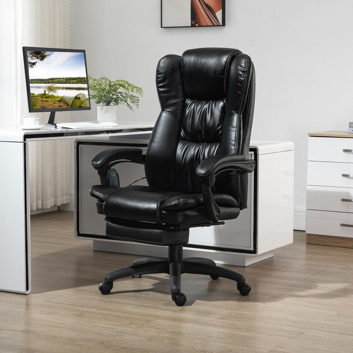 VERSTELLBARER Drehstuhl mit Fußstütze, Kopfstütze, Massagefunktion, Schwarz - Schwarz, Kunststoff (68.5/121/68.5cm) - Vinsetto