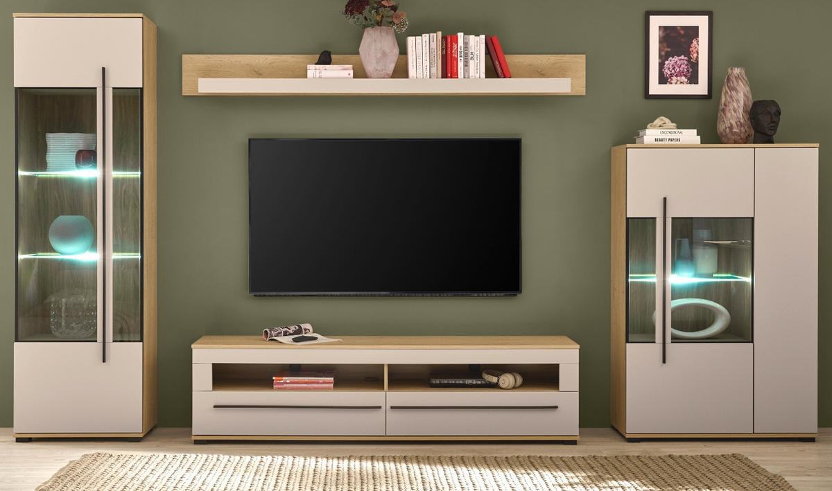 WOHNWAND Kaschmir, Eiche 4-teilig 350 cm, Wohnzimmer-Set mit Soft-Close - Kaschmir/Eichefarben, Glas/Holzwerkstoff (350/200/42cm) - Furn.Design