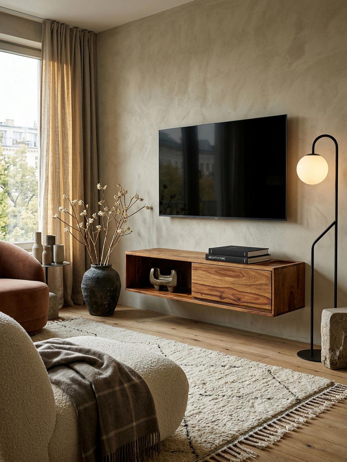 LOWBOARD Massivholz Modern Stil für Fernseher bis 50 Zoll mit Schublade und offenem Fach - Braun, Holz (108/25/34cm) - KADIMA DESIGN