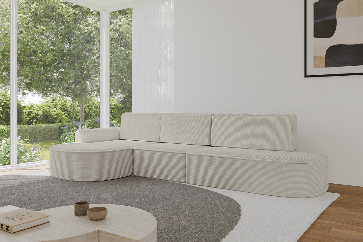 ECKSOFA mit Schlaffunktion Ottomane Links MARI L2-S 368X167X85 Creme Cord - Creme/Schwarz, Holzwerkstoff/Kunststoff (368/167cm) - ALTDECOR