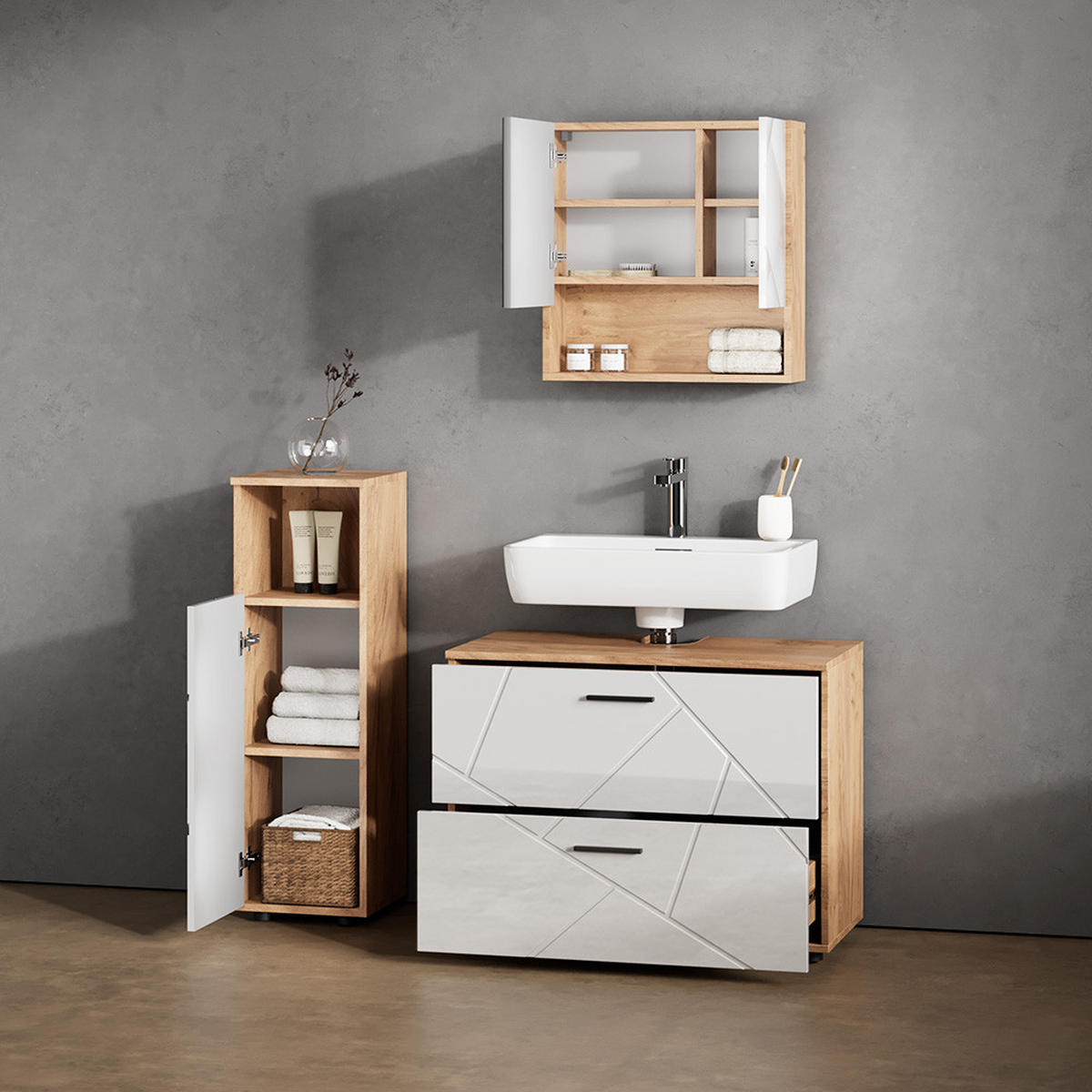 BADMÖBEL-SET Ronco Weiß Hochglanz/Goldkraft Eiche 3 Teile, mit Midischrank - Weiß Hochglanz/Eiche Wotan, Holzwerkstoff (54/55/41cm) - Livinity®