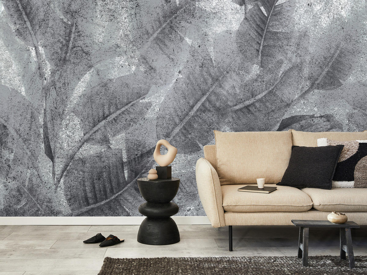 FOTOTAPETE Blätter auf Beton Abstraktion Vintage 400x280 - Grau, Papier (400/280cm) - Muralo