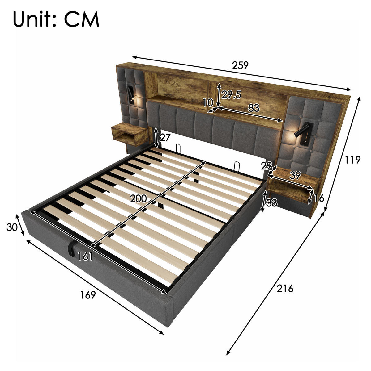 BETT mit Stauraum 160x200 cm Leinen Grau mit 2 Nachttischen - Grau, Metall (160/200cm) - Meubliv