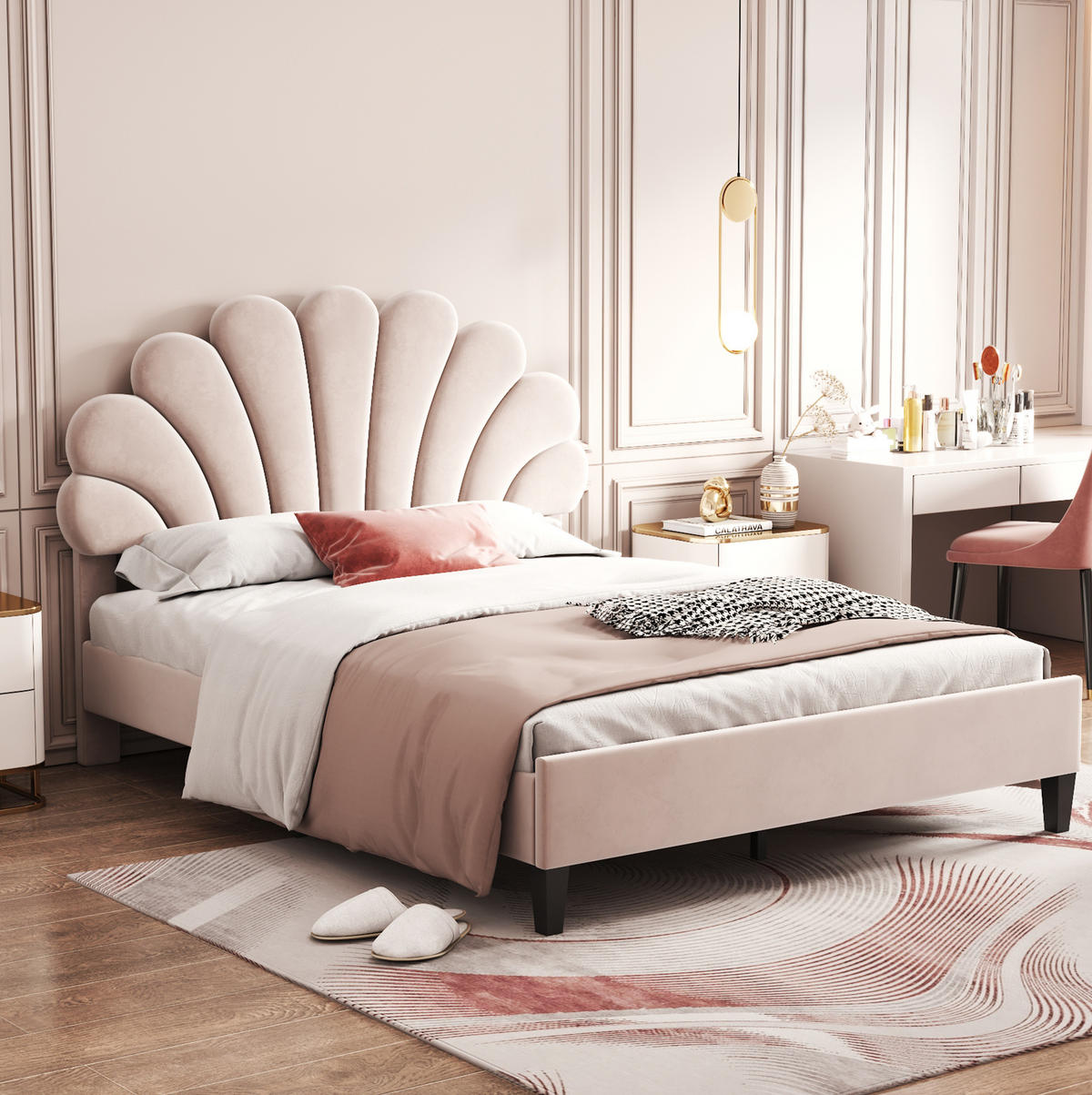 POLSTERBETT mit Blumen-Kopfteil 140x200 cm Samt Beige - Beige, Metall (140/200cm) - Meubliv