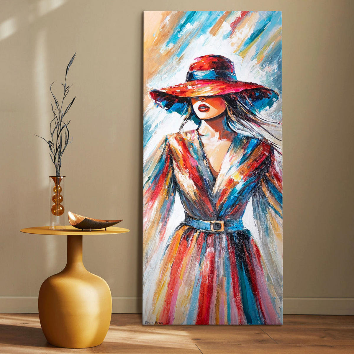GEMÄLDE Dame mit Hut auf Keilrahmen 115x50 cm - Multicolor, Holz (115/50cm) - YS-art gallery