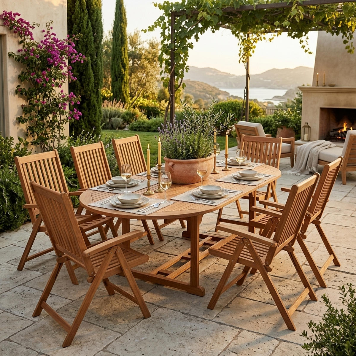 GARTEN-GARNITUR Lago Newtonnabbey - 7-teilige Garten-Essgruppe (6x Klappsessel Eukalyptus geölt, 1x Ausziehtisch 180/260x100cm, Eukalyptus - Braun, Holz - TPFGarden