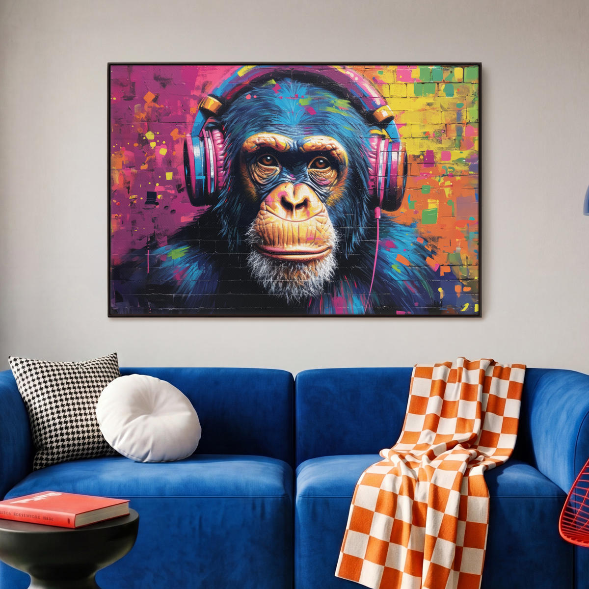 LEINWAND Bilder mit Rahmen - Graffiti - Schimpanse - Straßenkunst - Kopfhörer - Affe - 90x60 - Blau, Textil (90/60cm) - MuchoWow