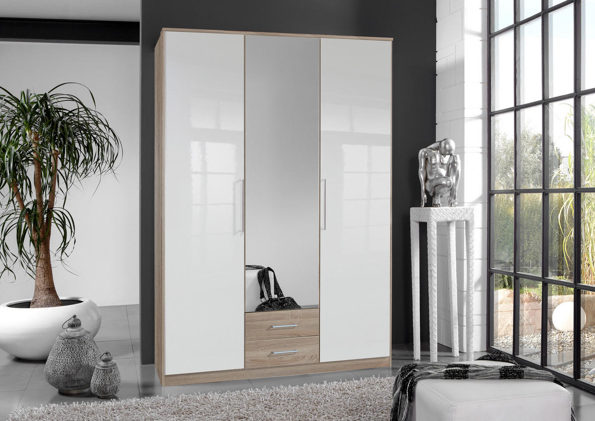 KLEIDERSCHRANK Greven in Hochglanz Lack Weiß mit Eiche Sägerau 135x199x58 cm (BxHxT) – Drehtürenschrank 3-türig mit Spiegeltür & Schubkästen - Weiß/Braun, Holzwerkstoff (120/200/80cm)