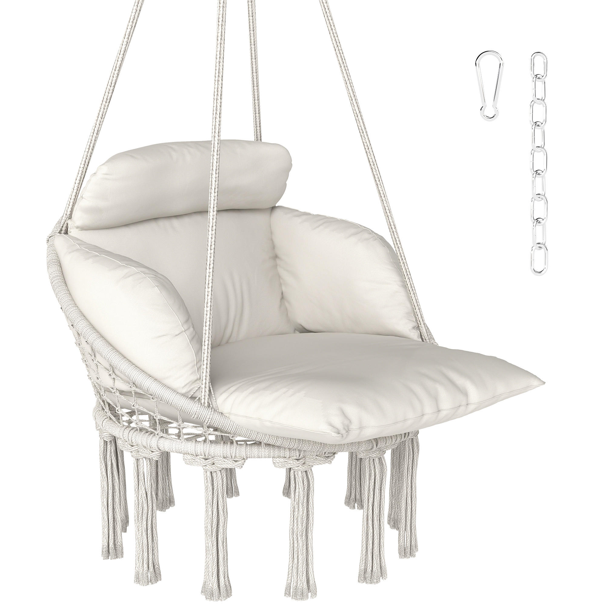 HÄNGESESSEL DE-15295 80/60/40 cm mit großem Polster und Fransen Creme - Creme, Metall (60/40/80cm) - ComfortXL