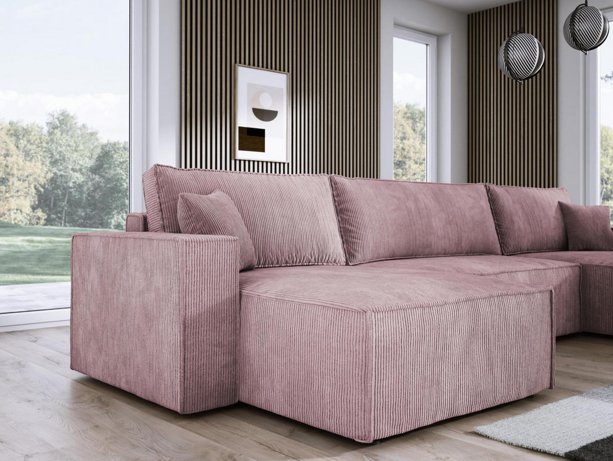 ECKSOFA Poso XXL U-förm, Schlaffunktion, weiche Kissen, Bettkasten, hochwertige Polsterung, lose Rückenkissen, freistehend, 377x143x83 cm Pink - Pink, Holz/Textil (377/83/143cm) - DomoHome