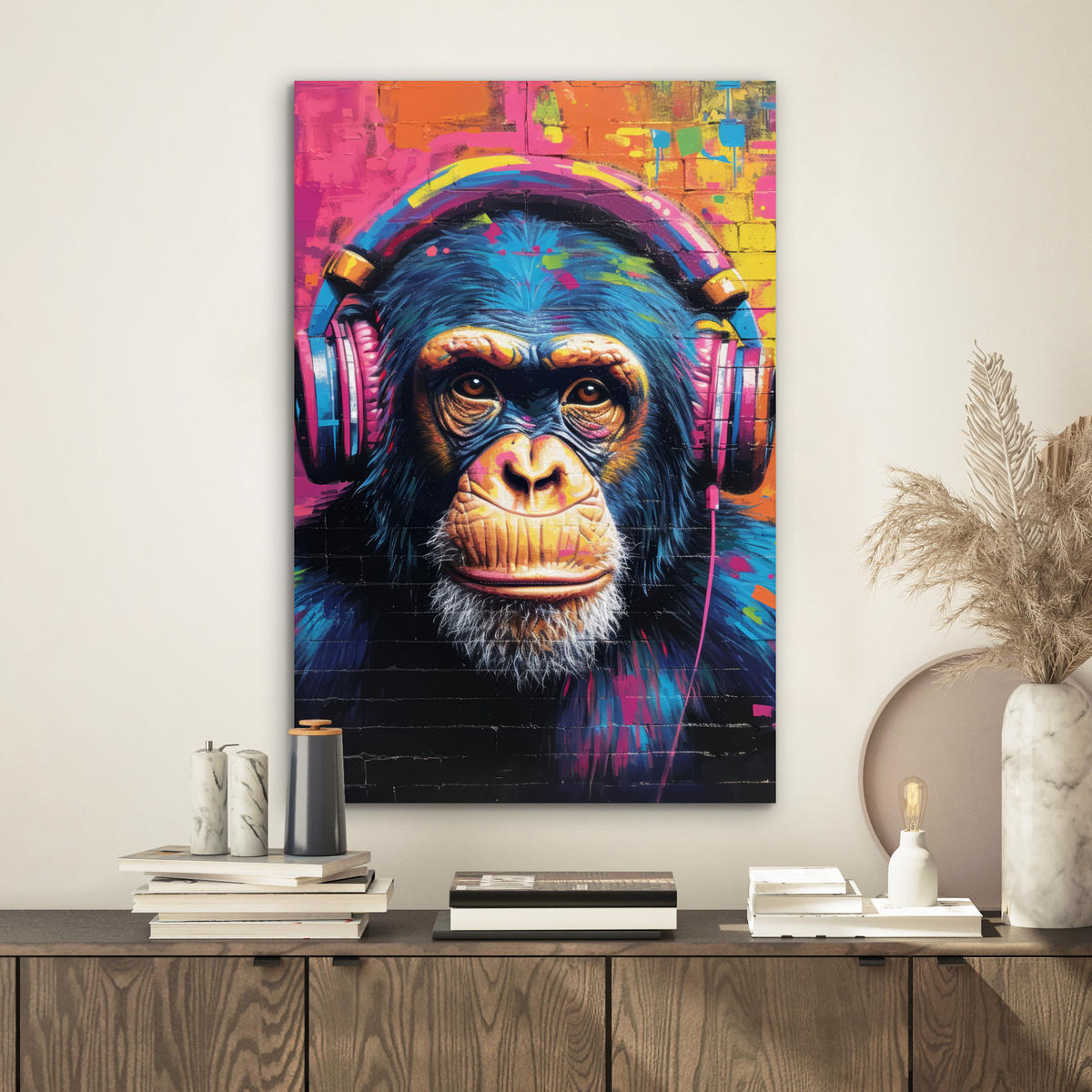 METALLBILD Graffiti - Schimpanse - Straßenkunst - Kopfhörer - Affe 40x60 cm - Blau, Metall (40/60cm) - MuchoWow