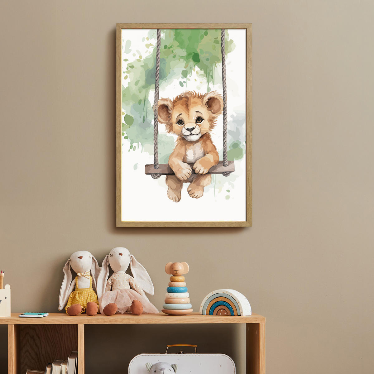 NACHTTISCHLAMPE MIT AKKU Löwe - Tier - Kinder - Dschungel 40x60 cm - Weiß, Holzwerkstoff (8/40/60cm) - OnlyWow