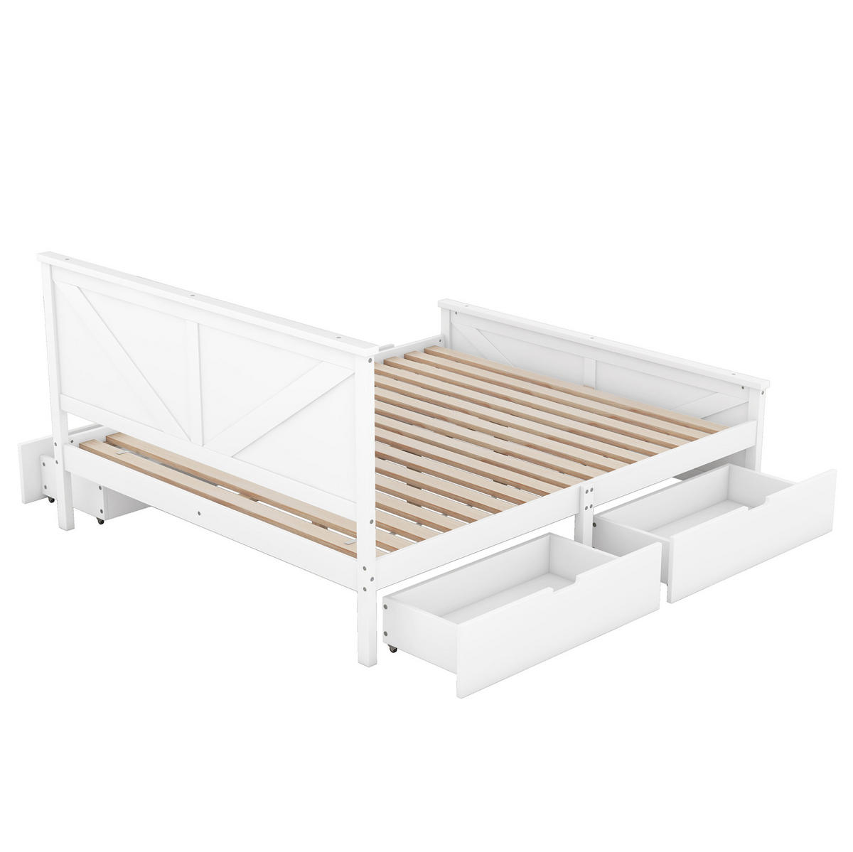 RAHMENBETT 160/200 cm aus Kiefer mit 4 Schubladen und Holz-Kopfteil - Weiß, Holz - BEAOK