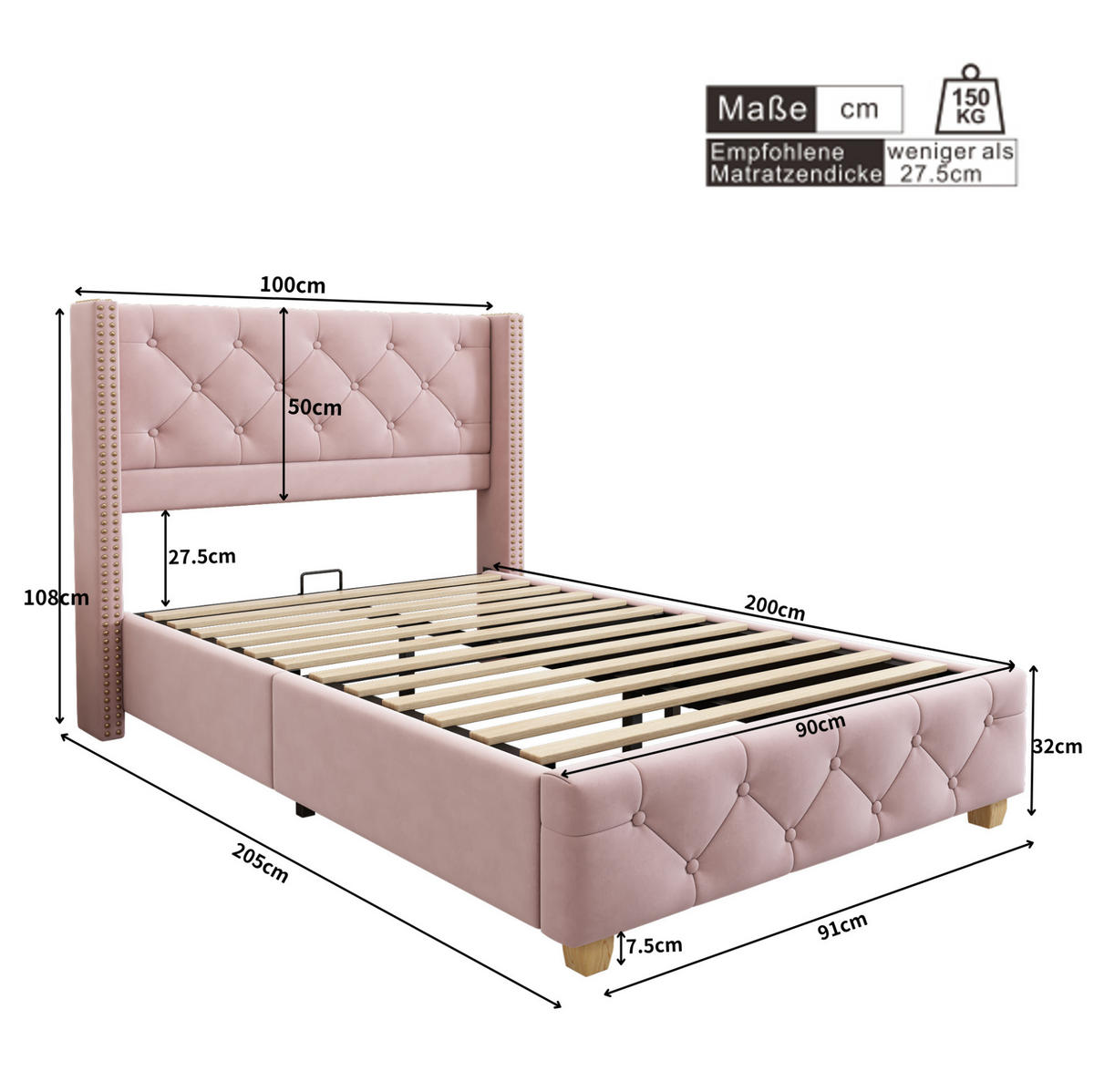 SAMT-POLSTERBETT 90/200 cm in Rosa mit Lattenrost und gepolstertem Kopfteil - Rosa, Textil (90/200cm) - BEAOK