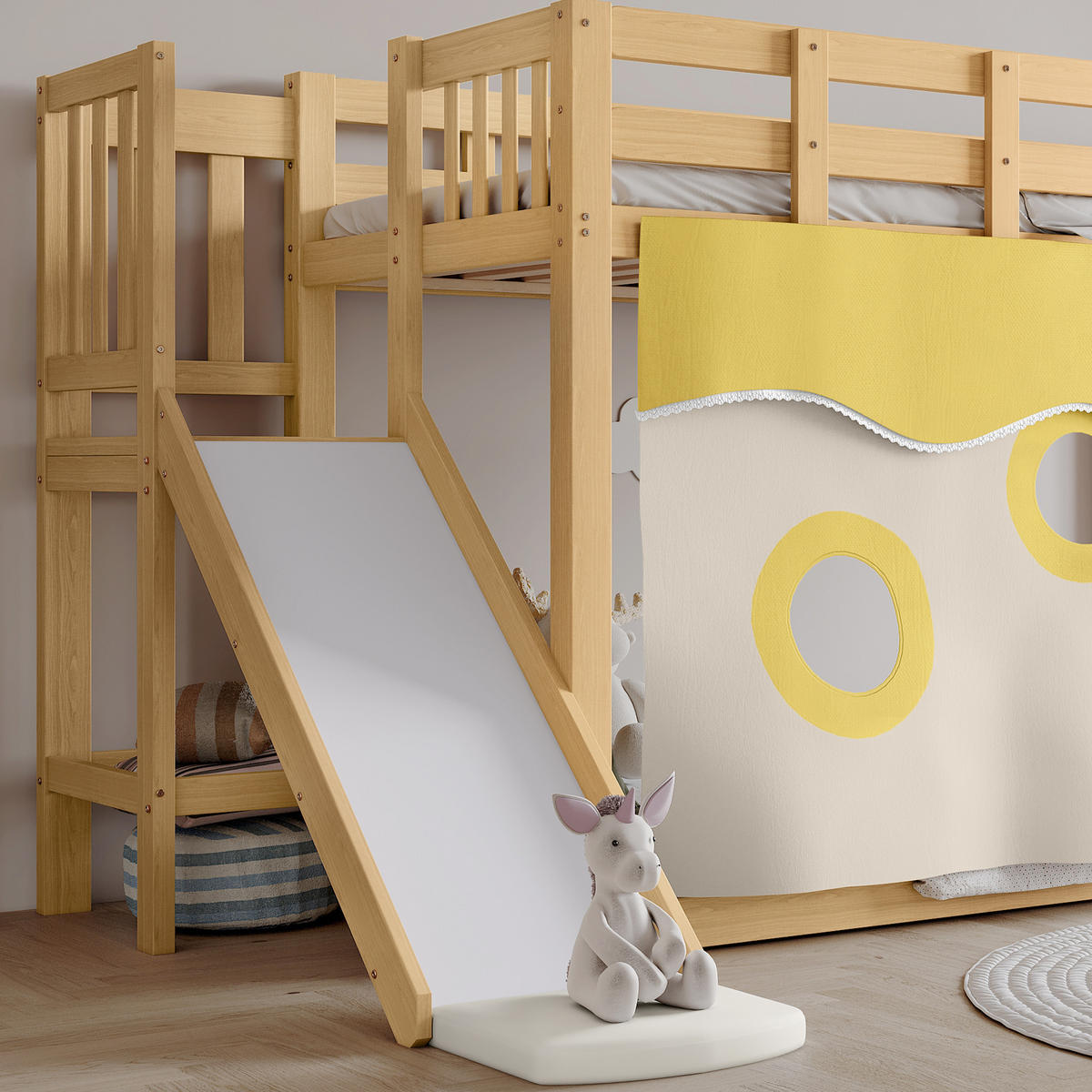 ETAGENBETT 90/200 cm in Natur mit Treppe, Rutsche und Bettvorhang - Naturfarben, Holzwerkstoff (90/200cm) - STILVORA