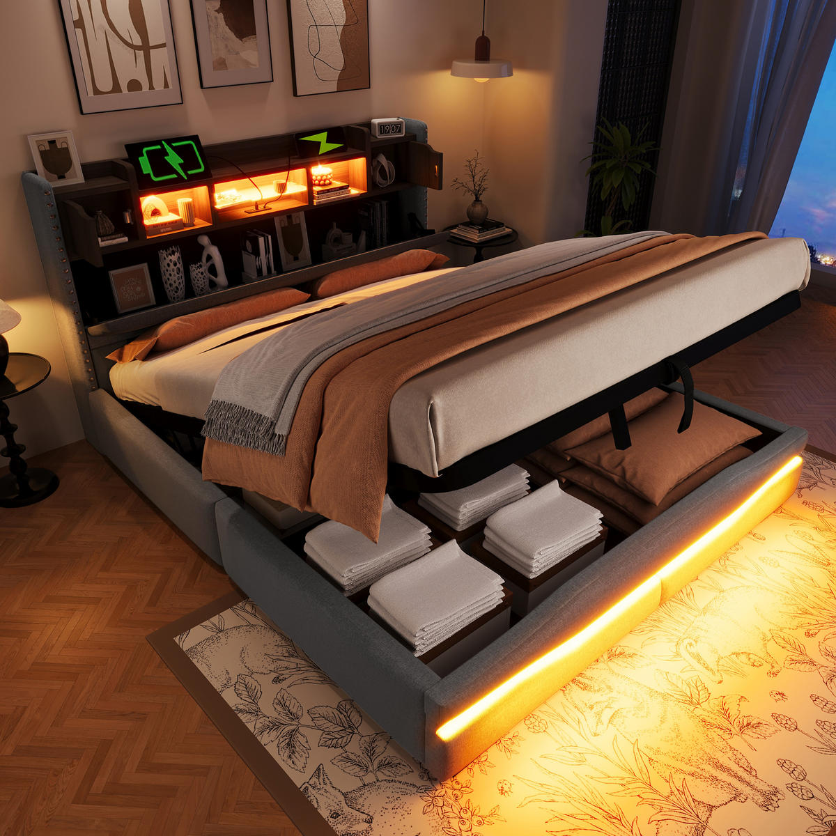 POLSTERBETT 160x200cm Grau USB-C LED-Licht Kopfteil Hydraulik - Grau, Holz (160/200cm) - FLIEKS