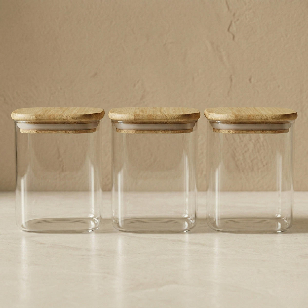 KÜCHENBEHÄLTER-SET mit Bambusdeckel Sesto - Transparent, Glas (10/30/10cm) - AROMELIO