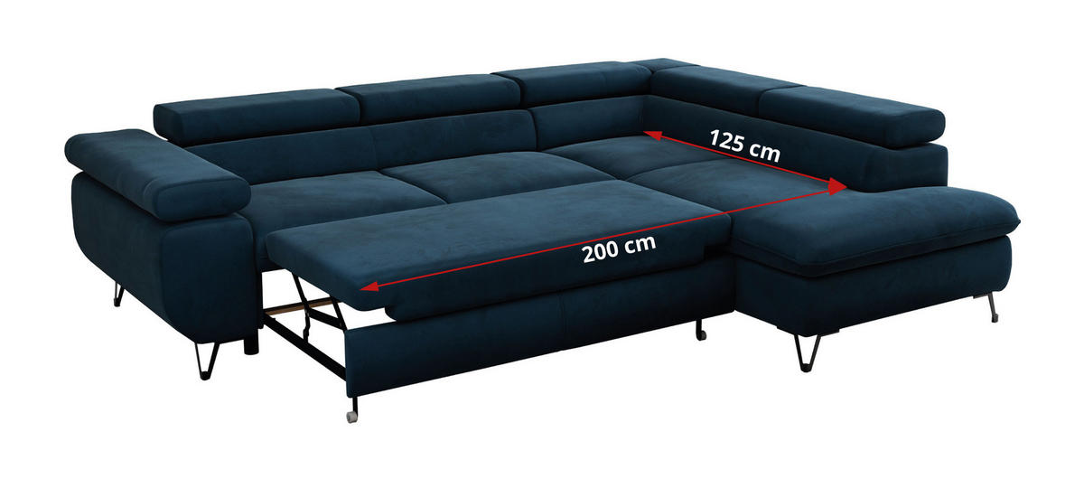 ECKSOFA PEDRO L Dunkelblau Velvet - Rechts Seite - Schwarz/Dunkelblau, Textil/Metall (273/208cm) - MKS