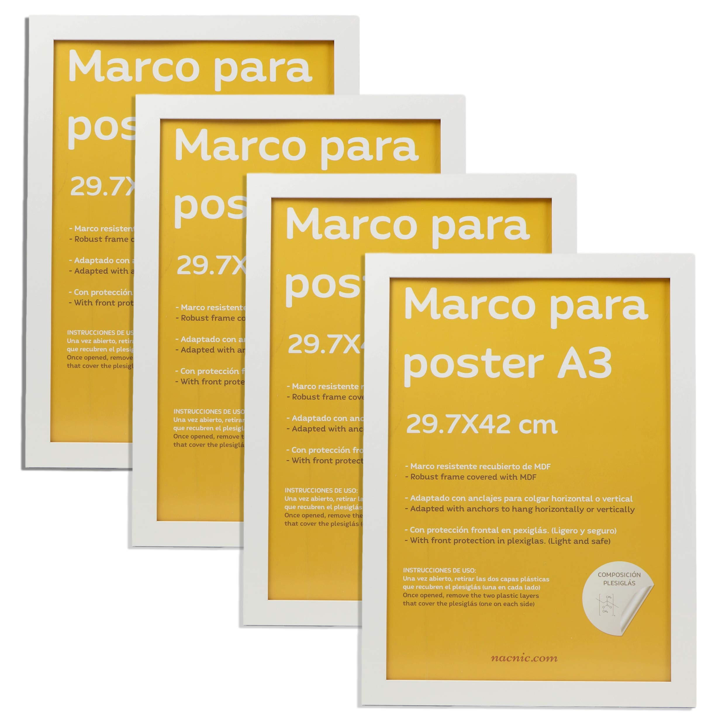 RAHMEN Set mit 3 aus MDF und Acrylglas Schutz und Aussteller für Fotografien, Bilder, Poster, Gemälde, Dekoration für Haus Farbe Weiß A3 - Weiß, Holz (29.7/3/42cm) - Nacnic