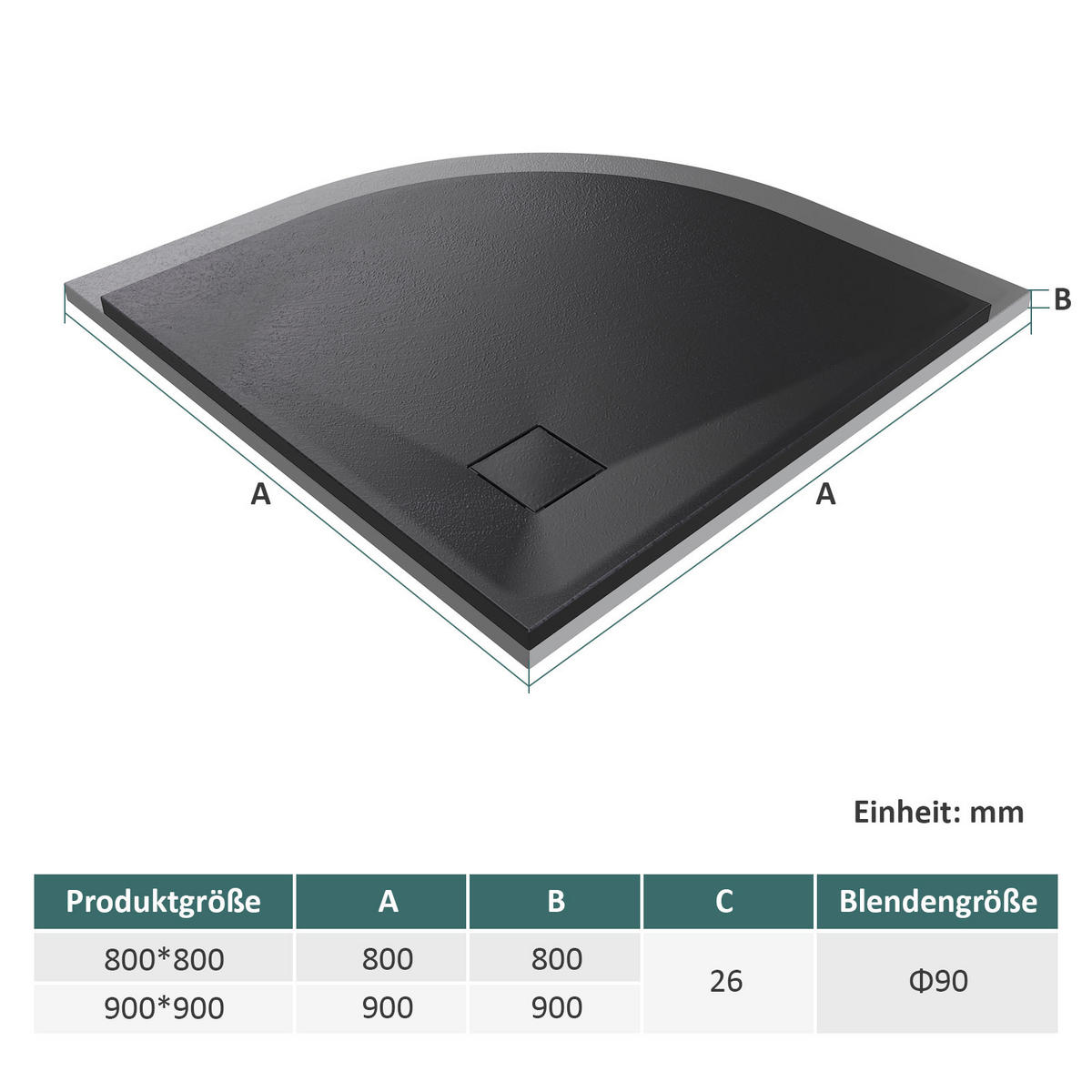 DUSCHWANNE Viertelkreis mit rutschhemmender Oberfläche 80/80 cm, Schwarz - Schwarz, Naturmaterialien (80/2.6/80cm) - EMKE