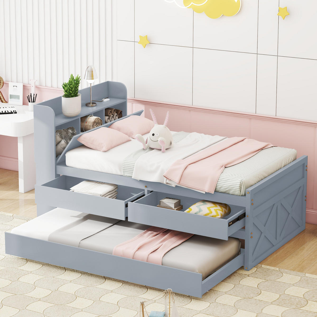 EINZELBETT aus 90x190 cm Grau mit USB-Anschluss, Nachttisch, Ausziehbett und 2 Schubladen - Grau, Holzwerkstoff (90/200cm) - Modfu