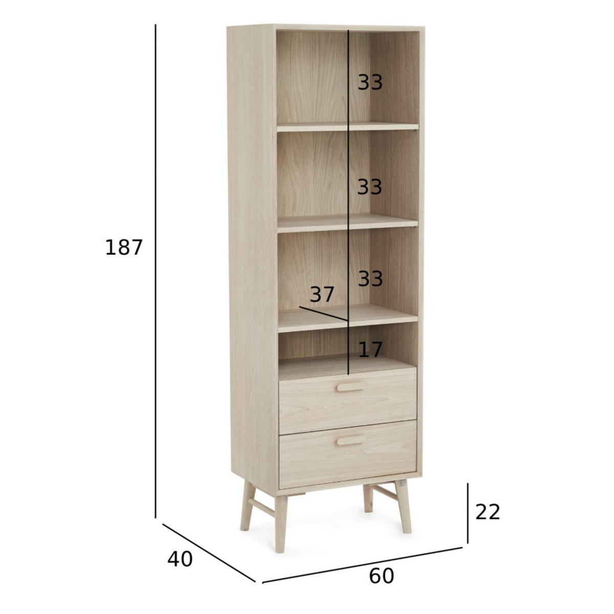 REGAL Eiche bianco - Eiche Bianco/Eichefarben, Holz/Holzwerkstoff (60/187/40cm) - Furnhouse