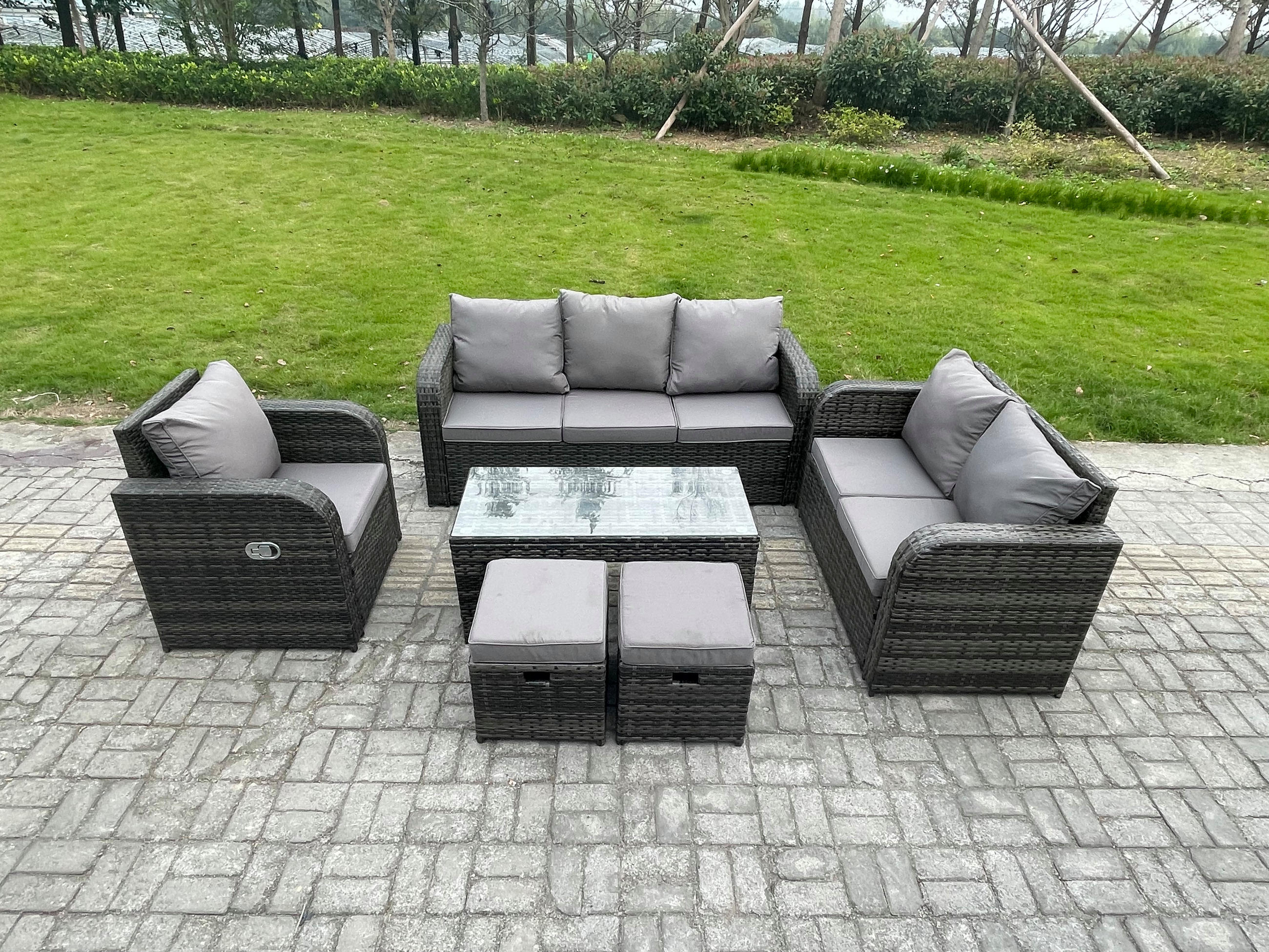 GARTENSOFA SET mit rechteckigem COUCHTISCH Polyrattan 8-Sitzer Dunkelgrau - Dunkelgrau/Grau, Glas/Kunststoff - Fimous
