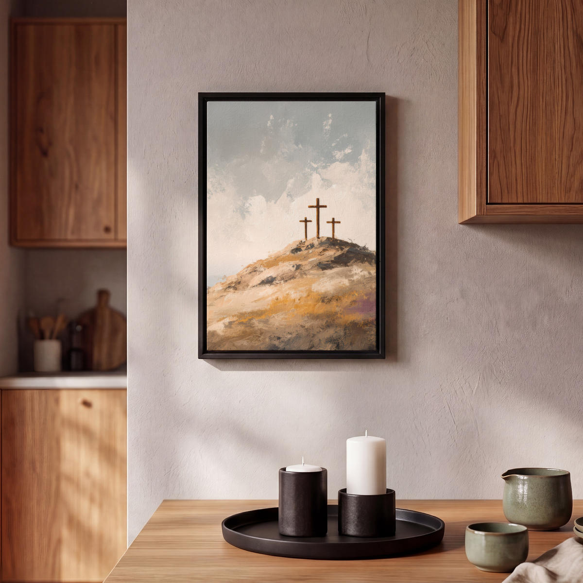 LEINWAND Bilder mit Rahmen - Hügel - Abstrakt - Christentum - Kreuz - 20x30 - Hellgrau, Textil (20/30cm) - MuchoWow