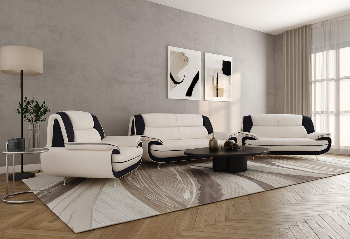 SOFAGARNITUR 3+2+1, Stoff Soft, Weiß + Schwarz, Palermo - Weiß, Holz (198/89/87cm) - Kaiser Möbel