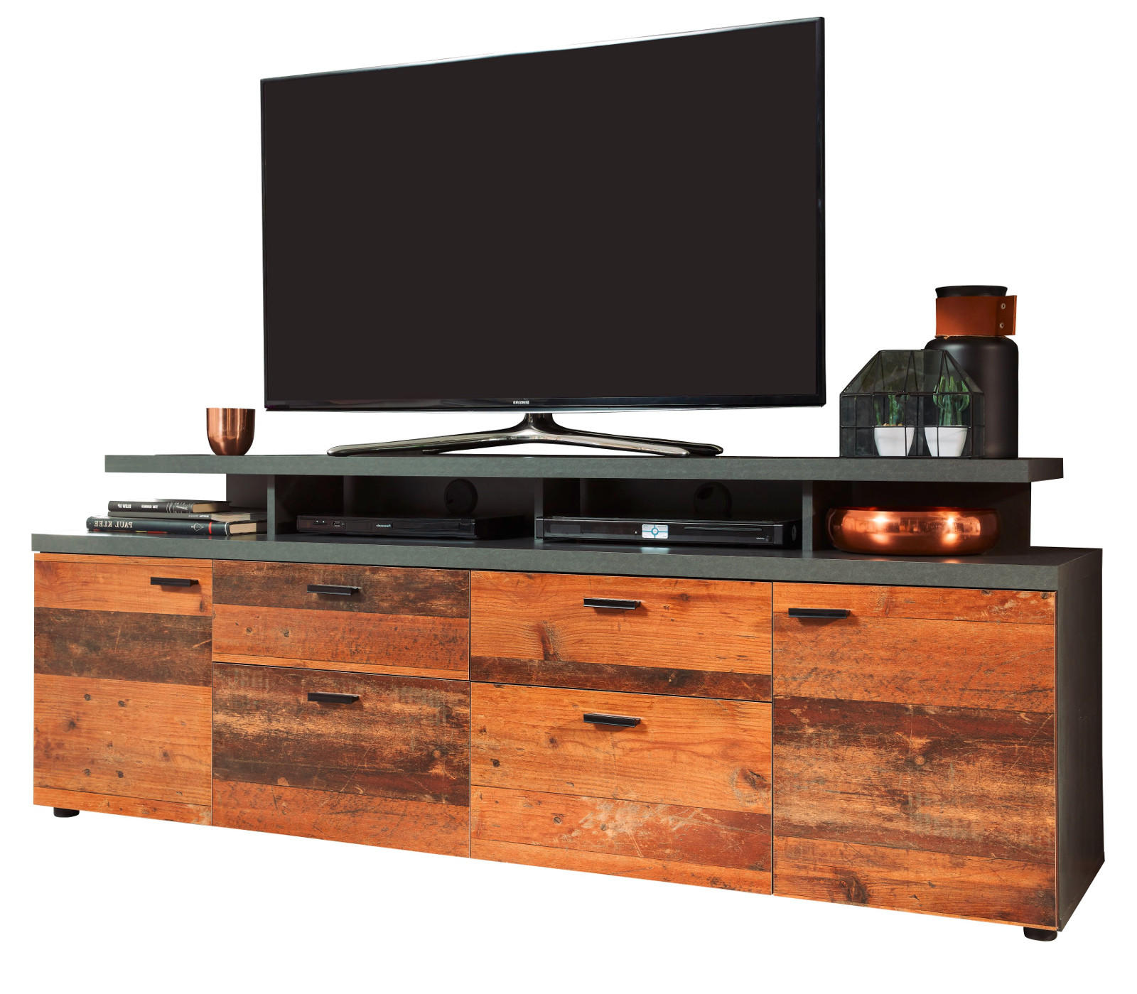 TV-LOWBOARD Old Used Wood Design mit grau Shabby 180 x 66 cm, TV Unterteil in Komforthöhe - Schwarz/Braun, Holzwerkstoff/Kunststoff (180/66/47cm) - Top.Furn