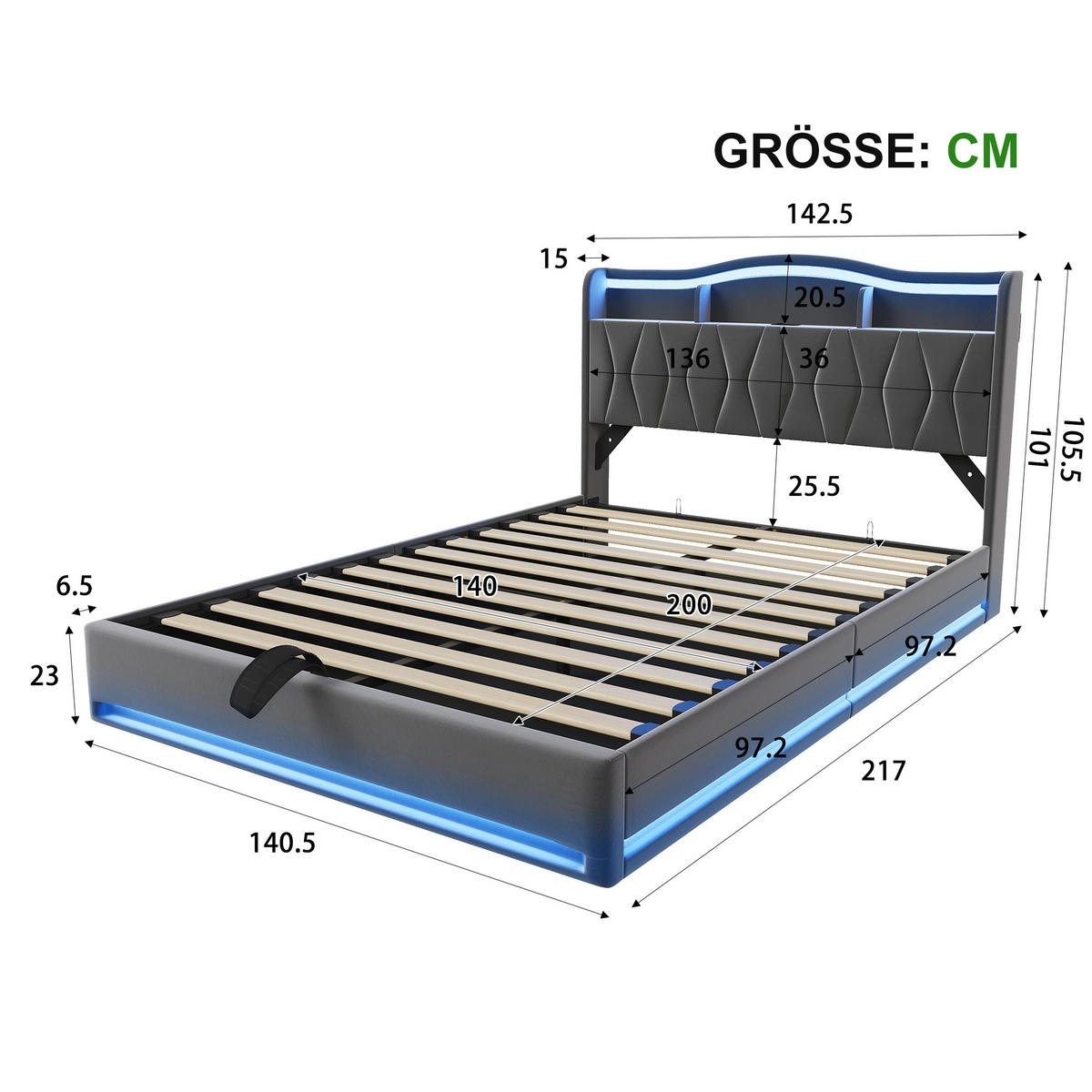 POLSTERBETT 140x200 mit stauraum, doppelbett mit LED, Bettkasten, Lattenrost, USB, Kopfteil, Samtstoff, Grau - Grau, Holz/Textil (140/200cm) - GENKI LIVING