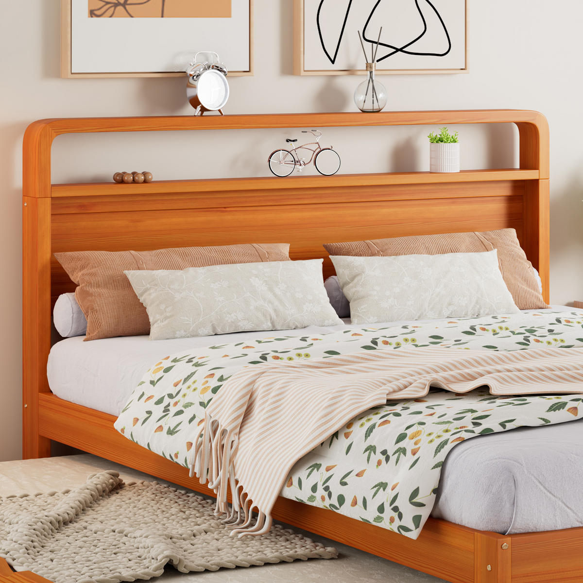BETT 140/200 cm in Natur mit Ausziehbett, Gästebett und abgerundetem Kopfteil aus Holz - Naturfarben, Holzwerkstoff (140/200cm) - STILVORA