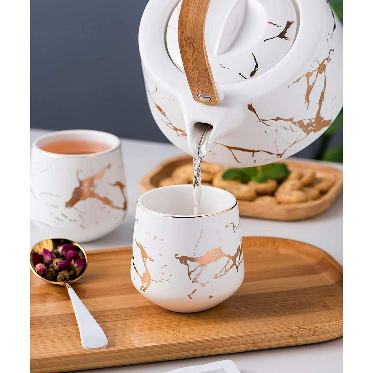 TEESERVICE 5-teiliges Set Marmor-Muster Weiß - Weiß, Keramik (18.5/19/17cm)