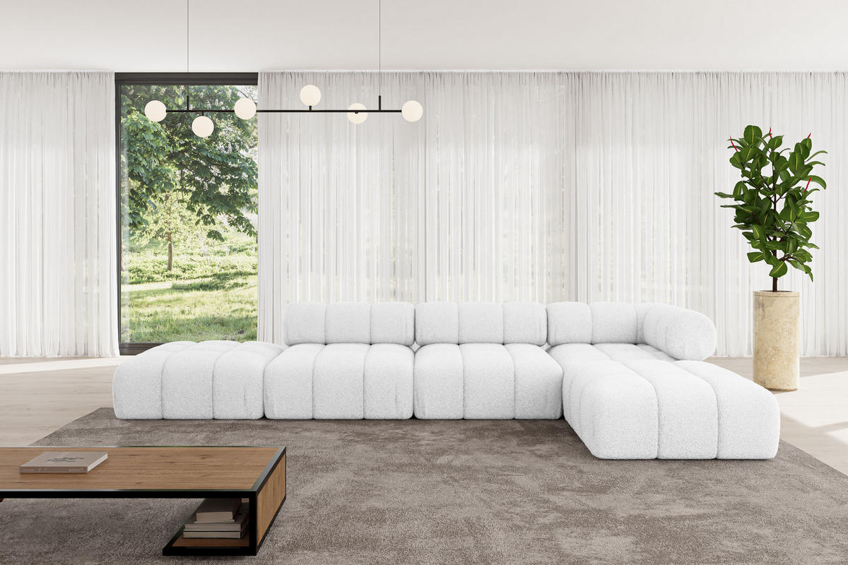ECKSOFA modulares Sofa Kerru-L2 - 380x190x70 cm Weiß Bouclé - Weiß, Holzwerkstoff/Textil (380/190cm) - ALTDECOR