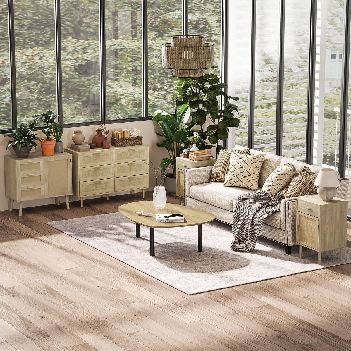 NACHTSCHRANK 2er-Set DE-12968 Rattantür und verstellbarer Boden Eiche - Eichefarben, Holzwerkstoff (40/68.5/40cm) - ComfortXL