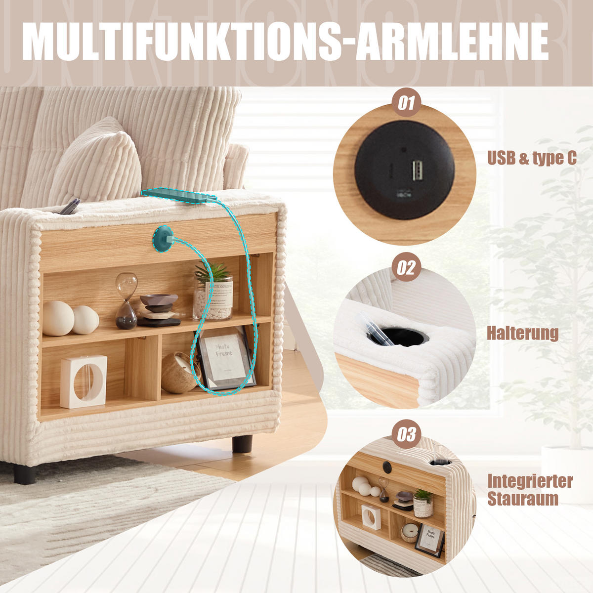 ECKSCHLAFSOFA 196/144/85 cm Beige mit Stauraum, USB-C, Ambientebeleuchtung und Getränkehaltern - Beige, Textil (196/82cm) - Oxeza