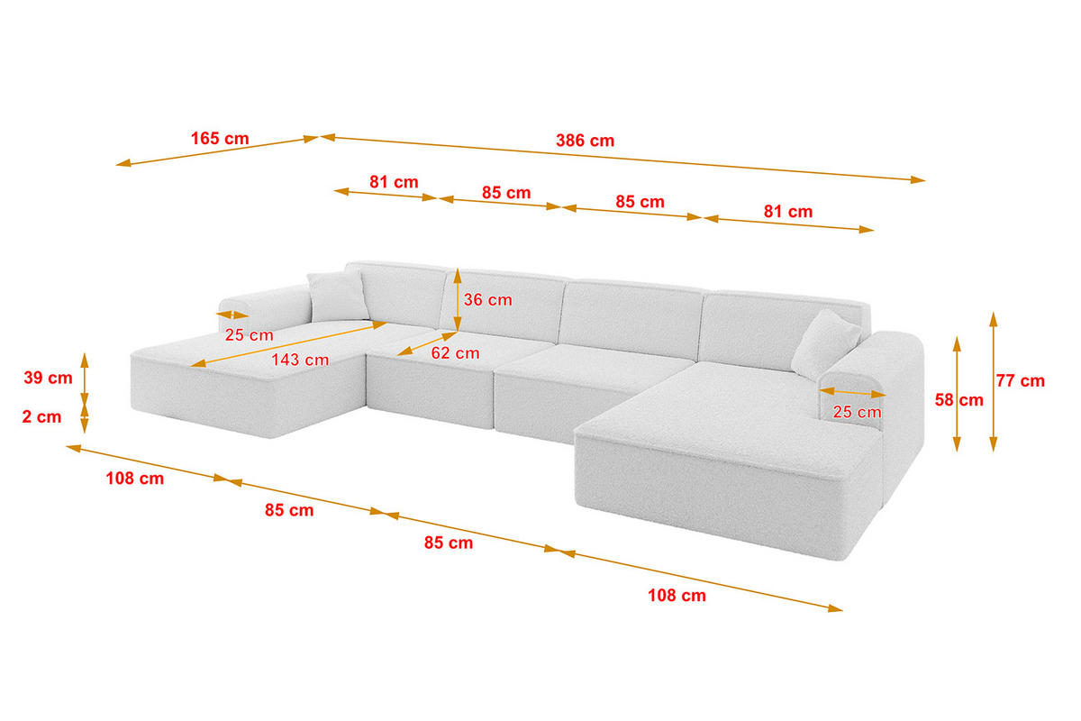 WOHNLANDSCHAFT IREA-U2-v3 - 386x165x77 cm Weiß - Weiß, Holzwerkstoff/Textil (386/77/165cm) - ALTDECOR