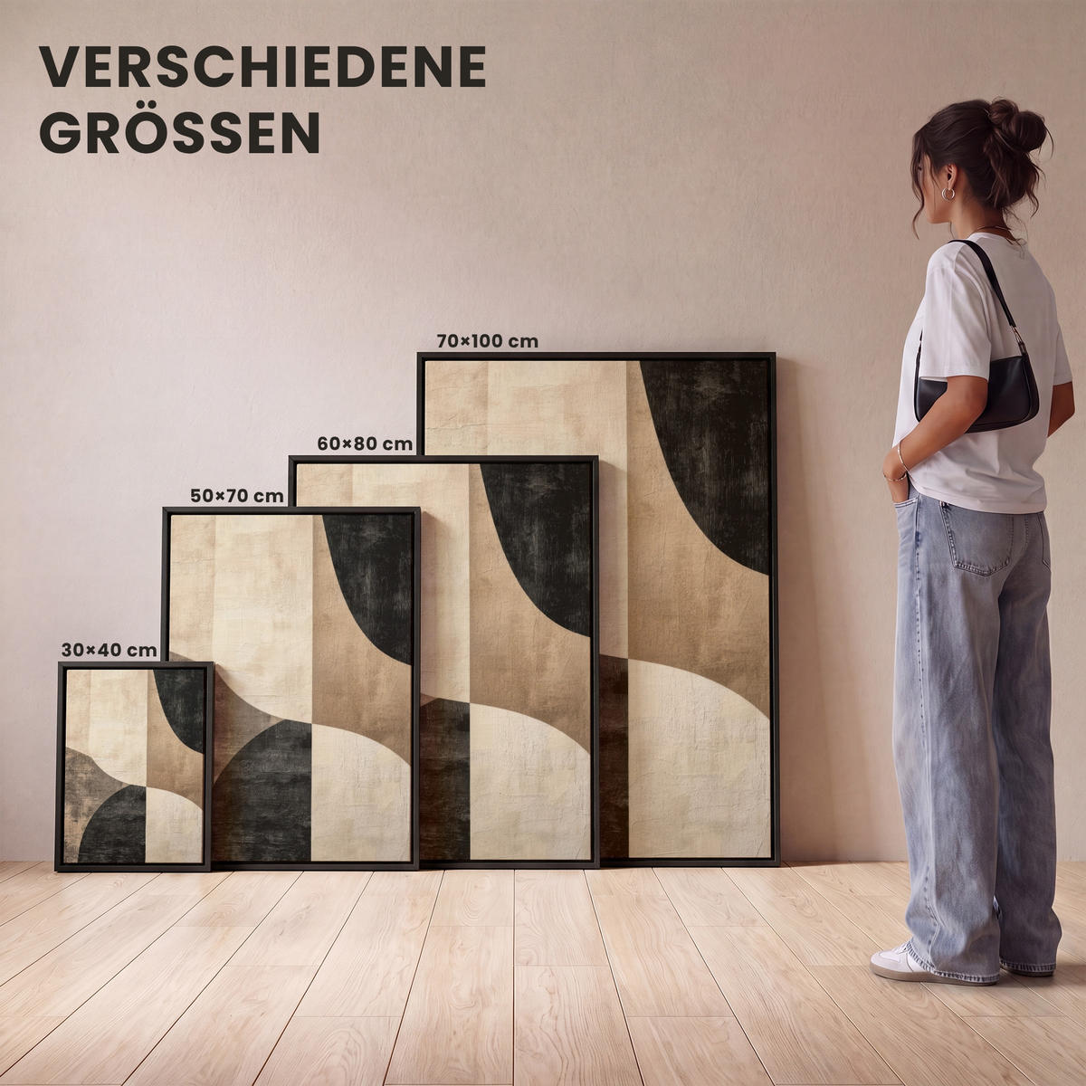 LEINWAND Bilder mit Rahmen - Abstrakt - Flugzeuge - Schwarz - Rund - 70x100 - Beige, Textil (70/100cm) - MuchoWow