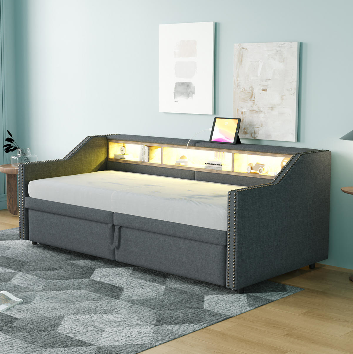 AUSZIEHBETT 90/180 x 200 cm Dunkelgrau mit LED-Beleuchtung und USB-Anschluss - Dunkelgrau, Textil (90/190cm) - Flora Grace