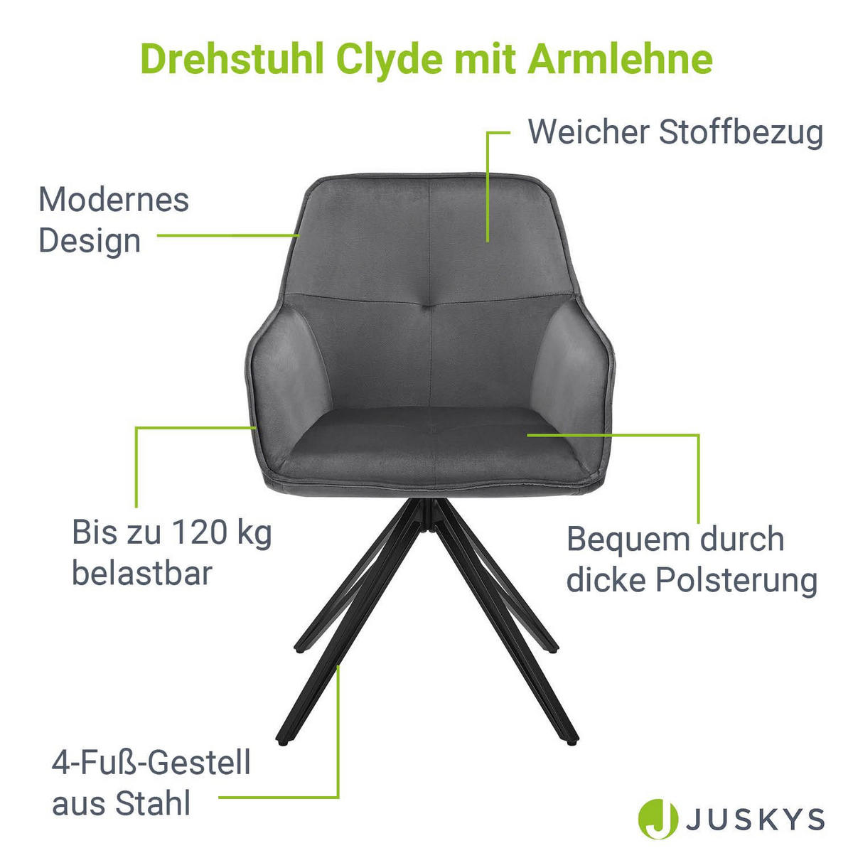 DREHSTUHL Clyde mit Armlehne samt dunkelgrau (2er-Set) - Dunkelgrau, Textil (57/85/61cm) - Juskys