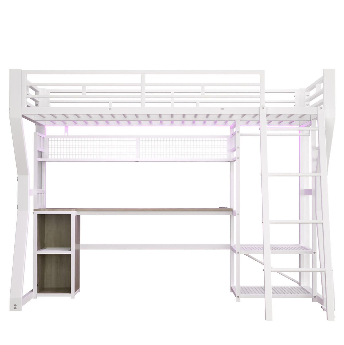 HOCHBETT 90/200 cm mit Lichtleiste, Steckdose, Schreibtisch und Kleiderbereich, MDF & Metall, Weiß - Weiß, Holzwerkstoff (90/200cm) - Redom