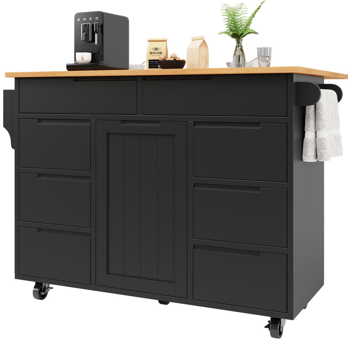 KÜCHENINSEL 122/46/91,5 cm aus MDF mit klappbarer Tischplatte Schwarz - Schwarz, Holzwerkstoff (122/91.5/74.5cm) - Modenvie