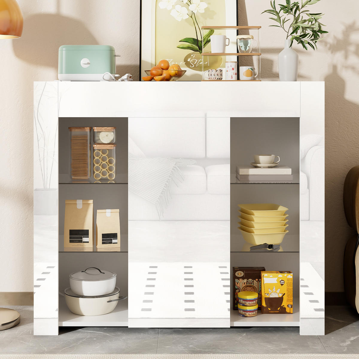 SIDEBOARD in Weiß mit Hochglanz-Front und Glasregalen, kompaktes Buffet mit Tür, 95/35/83 cm, Weiß - Weiß, Holzwerkstoff (95/83/35cm) - Redom