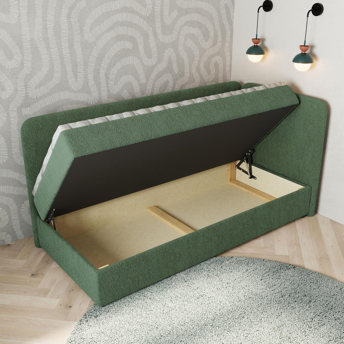 BOXBETT GINA 100x200 cm mit Matratze und Topper, H2+H3 - Grün - Grün, Holz (100/200cm) - MASSENO